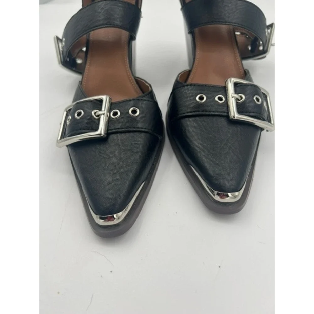 Hendrix Metal Pointed Metal Toe Buckle Block Heel Pumps Women 10 Black Edgy